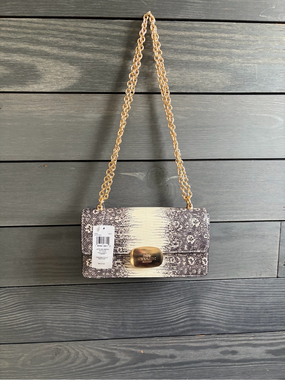 Coach Snakeskin-Print Crossbody with Gold Chain - Cream and Black